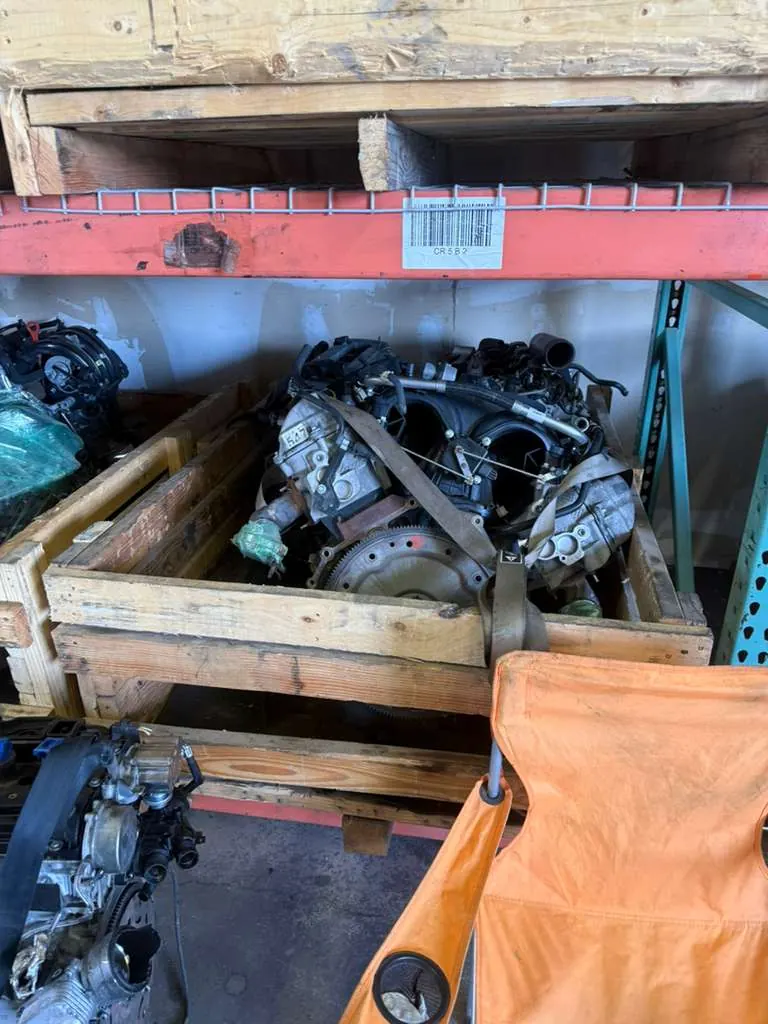 Engine parts organized on shelving