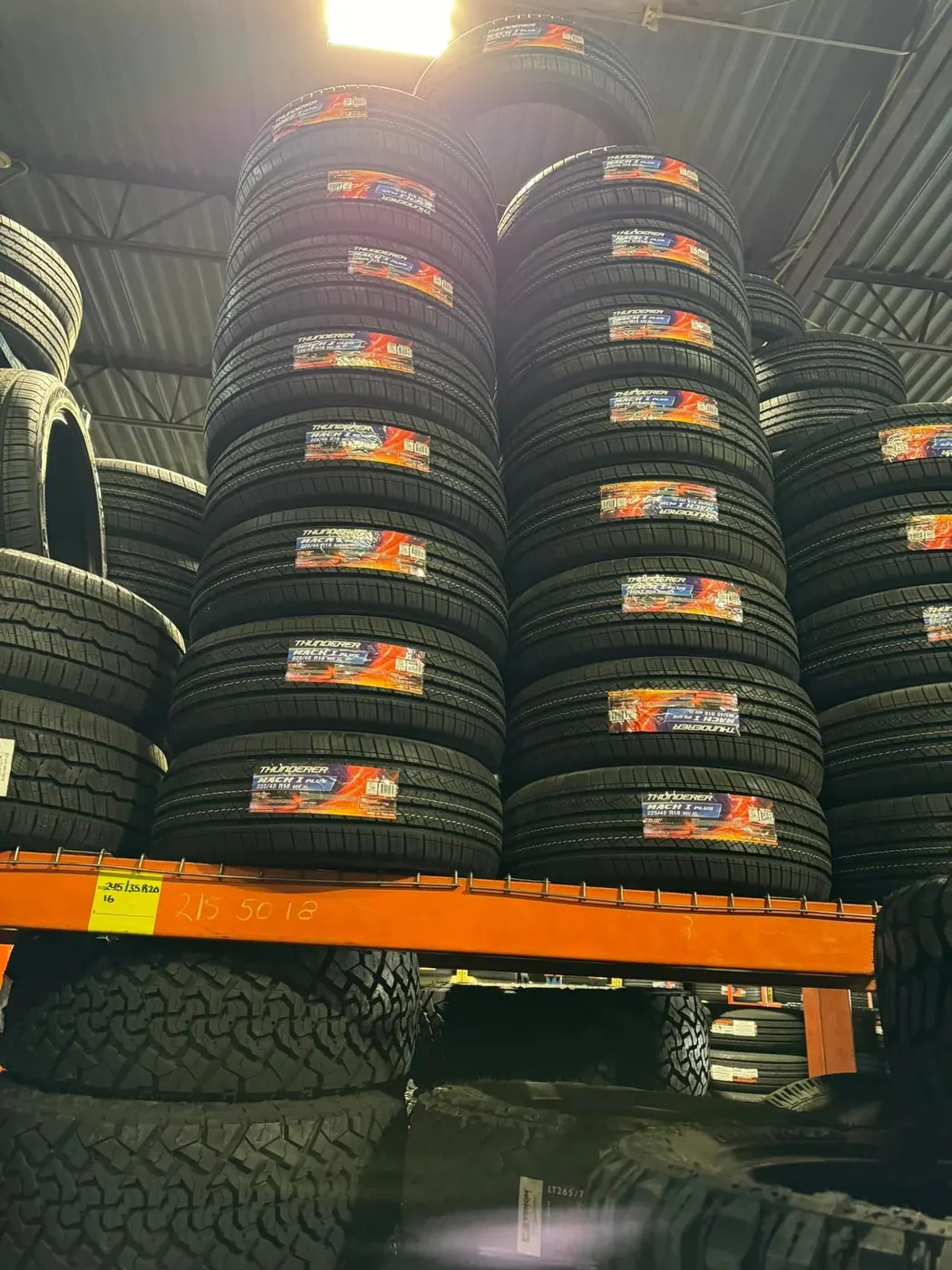 Rows of new tires stored on shelving
