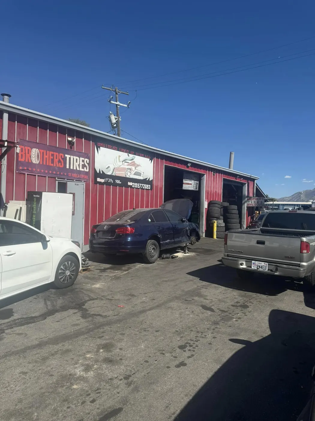 Trucks parked outside the tire shop